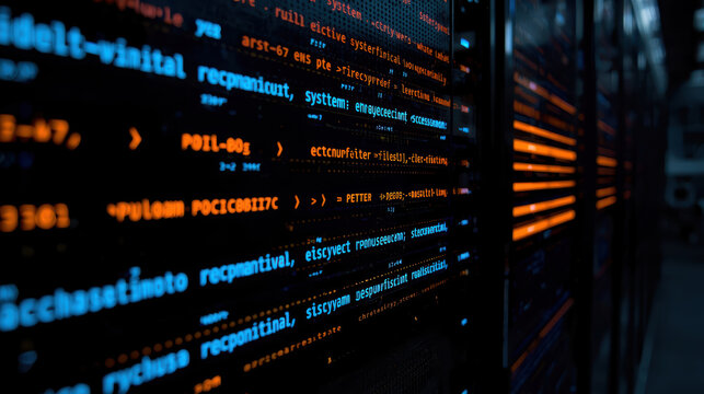 Encrypted system code on server rack with layered lighting highlights and moody glow