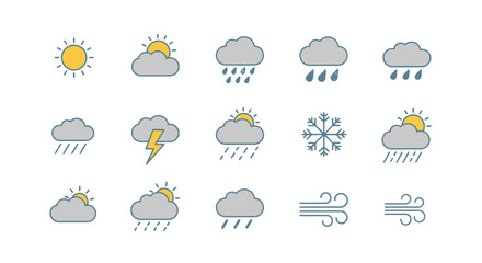 Obraz premium Weather Icons Set: Sun, Clouds, Rain, Snow, Lightning, Wind - Forecast Symbols