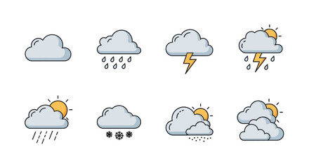 Obraz premium Weather Icons Set: Sun, Rain, Snow, Thunderstorm, Cloudy