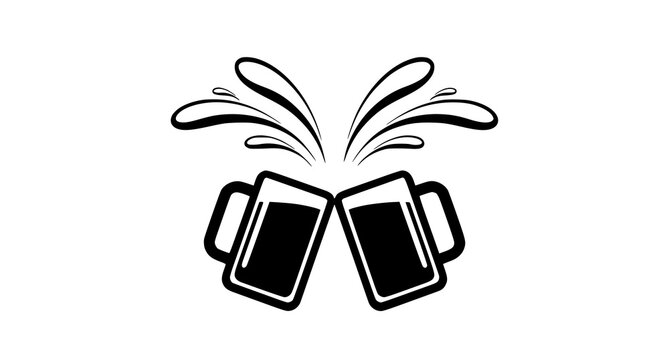 Vector illustration of two solid black beer mugs clinking with stylized splashes white background clinking celebration beverage refreshment isolated
