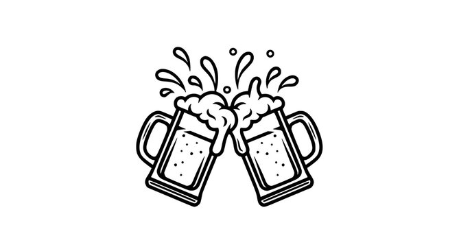 two, beer, mugs, clinking, together, splashes, foam, black, iconic, celebratory, toast, depicted, line art, white background, glass, minimalist, white, design, art, line, liquid, simple, vector, illus