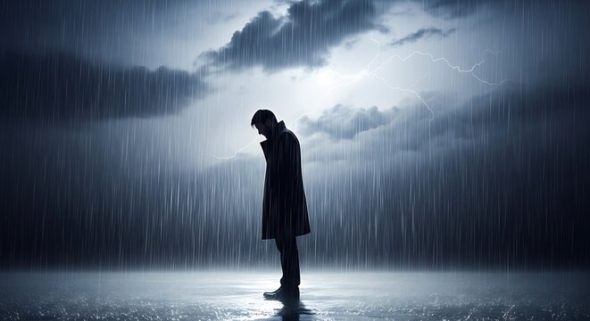 Silhouette of a man standing in the rain under a stormy sky.