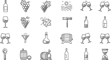 Naklejka premium Wine and Vineyard Production Icons Set Featuring Grapes, Bottles, Glasses, Barrels, and Corks for Winery and Tasting Designs