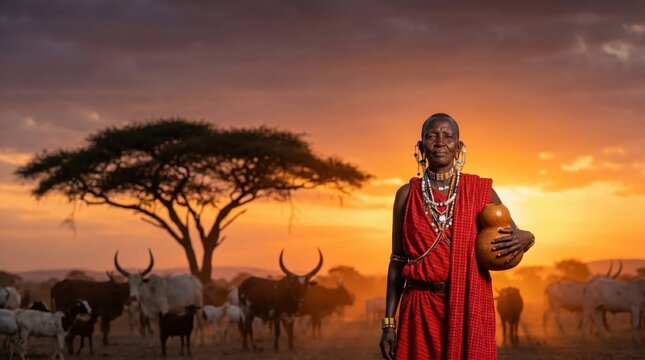Maasai Warrior in Traditional Attire Standing with Cattle at Sunset in African Savannah.