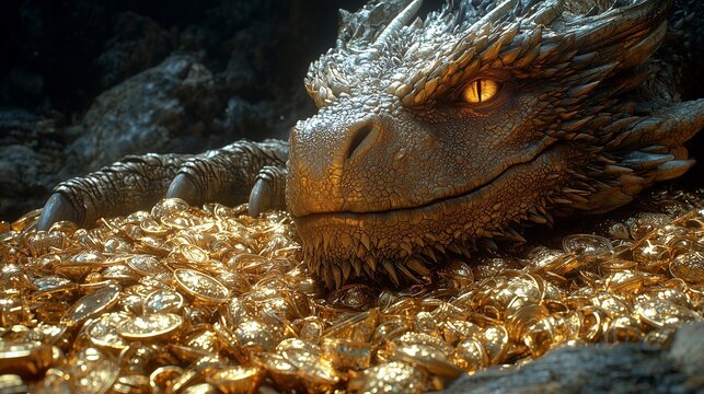 Detailed 3D render of a sleeping dragon resting on a treasure hoard of gold coins inside a dark rocky cave, glowing eye and dramatic cinematic lighting