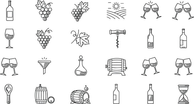 Wine and Vineyard Production Icons Set Featuring Grapes, Bottles, Glasses, Barrels, and Corks for Winery and Tasting Designs