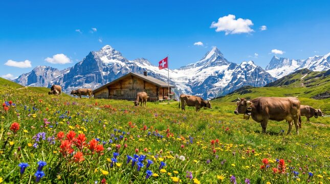 Swiss Alpine Meadow with Cows and Mountain Peaks.