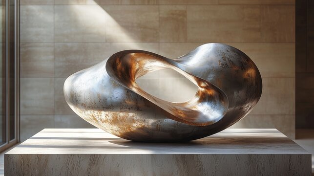 Contemporary abstract metal sculpture shaped like an infinity loop on a stone plinth, lit by natural sunlight in a minimalist gallery or museum interior with copy space
