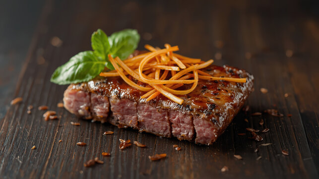 Seared medium rare steak with glaze and julienned carrot garnish on dark wood