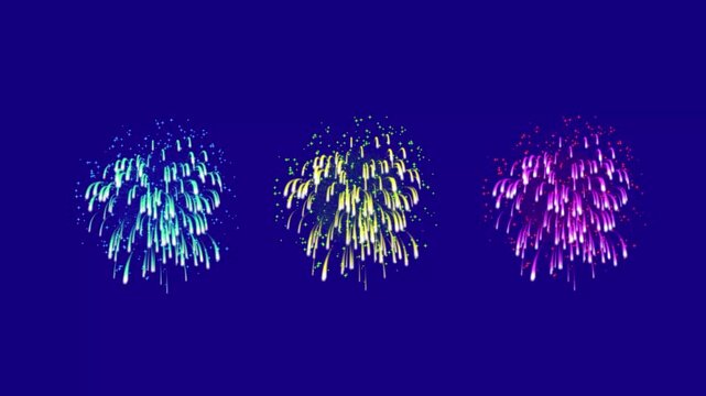 Colorful firework bloom explosion, dark sky background 3d rendering celebration fireworks burst, festival lights display, 4k seamless animation.