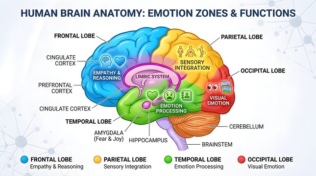 Detailed human brain anatomy diagram illustrating emotion processing empathy reasoning sensory and visual functions with distinct lobe color coding