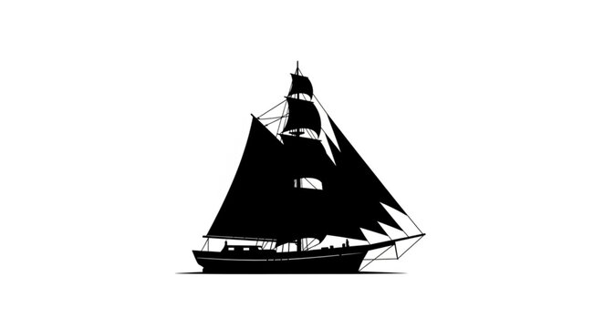 Silhouette of a majestic sailing ship against a stark white background.