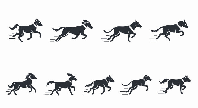 Black silhouettes of dogs running fast.