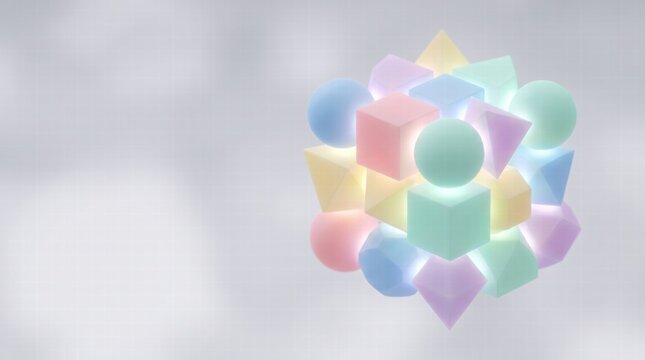  illustration of different shaped geometric blocks (representing diverse minds) fitting perfectly together into a cohesive glowing structure, soft pastel colors.Copy space