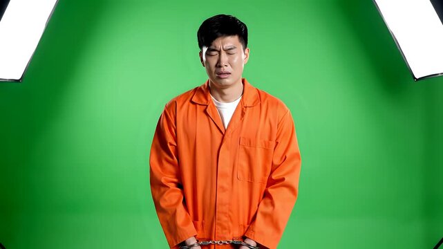 Man in Orange Jumpsuit with Handcuffs Looking Downcast on Green Screen.