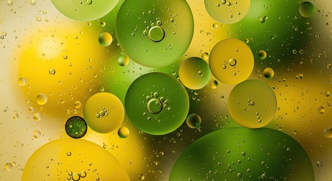 Abstract macro of yellow and green oil bubbles in water