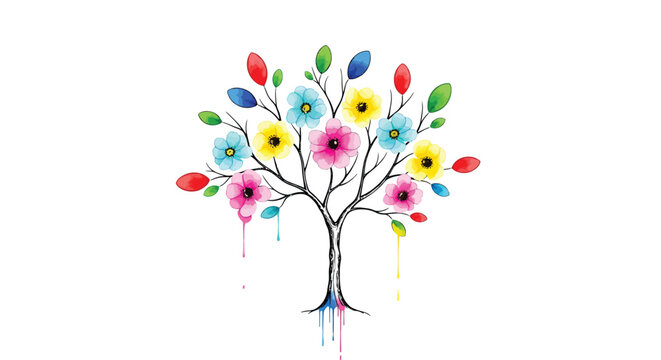 Colorful tree, paint splatter tree, floral illustration, abstract tree design