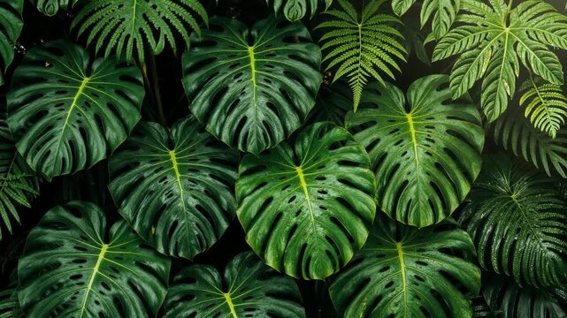 Lush Green Tropical Leaves Overhead Close up Vibrant Nature Pattern for Botanical Backgrounds