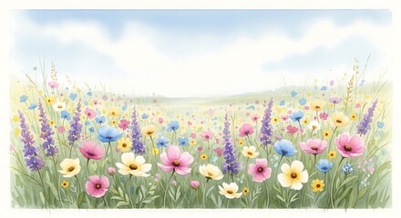 Colorful wildflowers in a green field with cloudy sky isolated on white background, illustration © Rina_Akther