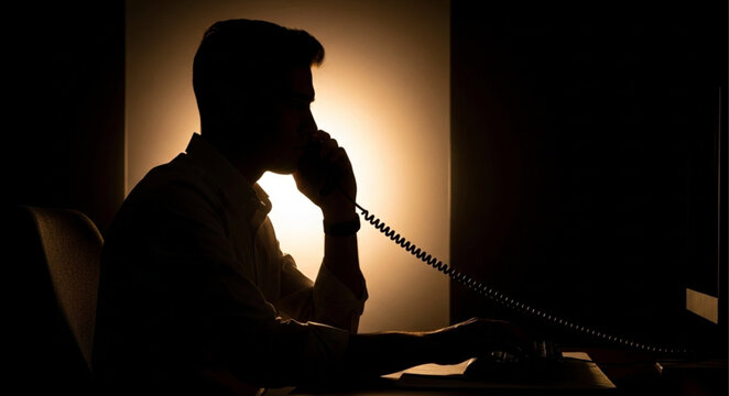 Silhouette of a man talking on the phone in a dark room.