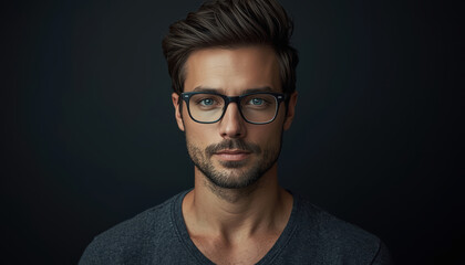 Obraz premium Young man with glasses and stubble looking thoughtful in studio portrait