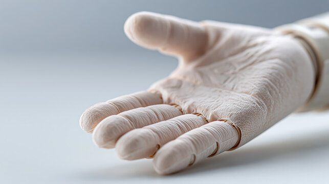Close macro shot of single plain prosthetic hand resting open on bright surface showing inviting gesture of helpful medical technology