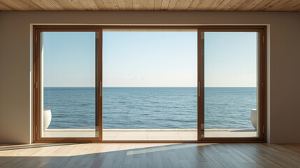 Obraz premium Sliding glass door opening to calm ocean view with wooden floor and warm light