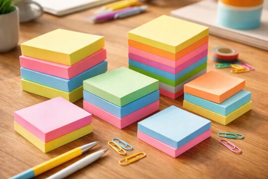 Colorful sticky notes stacked on desk with office supplies organized workspace for planning and ideas