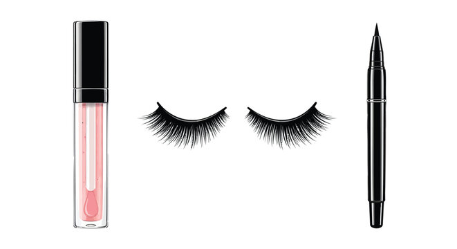 Makeup, beauty, cosmetics, vector icons, lip gloss, false eyelashes, eyeliner