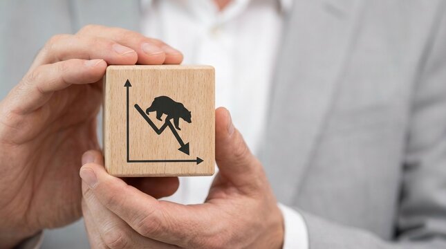 Bear market, recession, economic crisis, financial loss, stock market crash, investment, economy concept with businessman holding wooden block showing downward chart and bear icon.