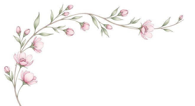 Pink flowers and leaves border frame isolated on white background, illustration