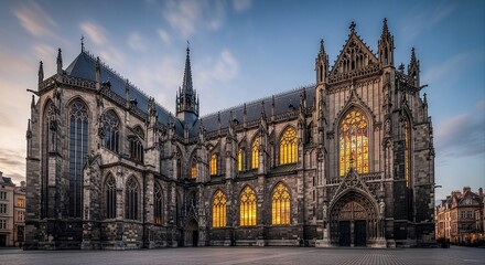 Obraz premium Exterior View of Historic Gothic Church Facade with Green Lawn and Blue Sky