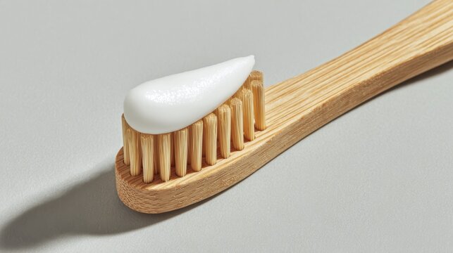 Eco-friendly bamboo toothbrush with toothpaste on gray background
