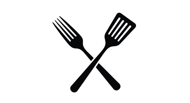 Fork and spatula silhouettes crossed on a white background