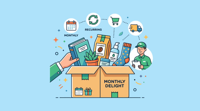 An illustration depicts a person receiving a monthly subscription box with various items emerging from it.