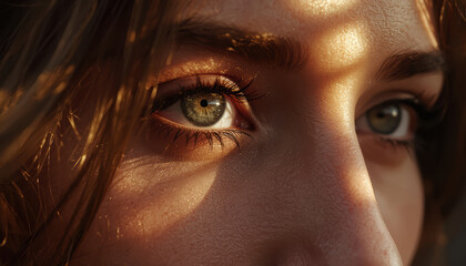Fototapeta premium Green hazel eye close up with warm sunlight and soft shadow glow