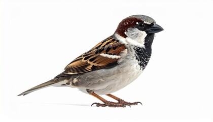 Fototapeta premium House sparrow standing on white background with detailed plumage