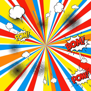 Retro Comic Book Burst Background with Action Words - POW! BOM!