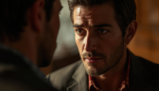 Intense man portrait closeup thoughtful expression cinematic lighting