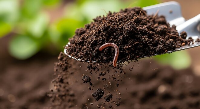 Earthworm in Fertile Soil on a Garden Shovel