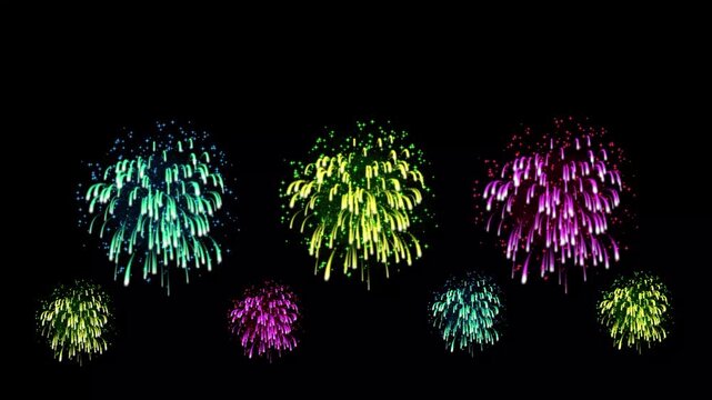Glowing colorful firework burst explosion, black sky background, sparkling particle trails, glowing spark particles, 3d rendering firework bloom effect, celebration festival lights, 4k seamless loop.