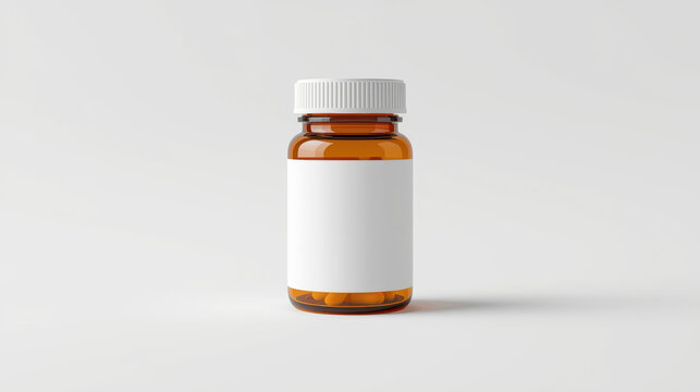 Amber medicine bottle with blank label and pills inside on white background
