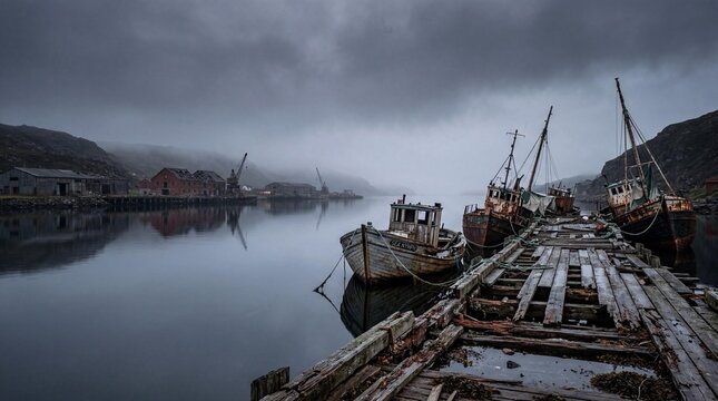 Old Rusty Abandoned Fishing Boats Docked at Decaying Wooden Pier in Foggy Harbor, Concept of War Aftermath, Economic Collapse, and Devastation in Gloomy Coastal Environment