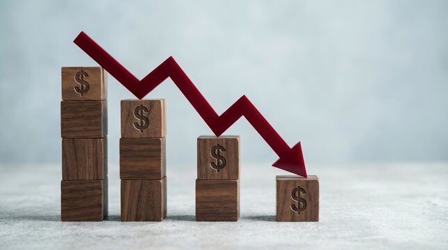 financial loss, recession, inflation, stock market crash, economic downturn, deficit, bankruptcy showing a red arrow falling over wooden block bar chart on a gray background.