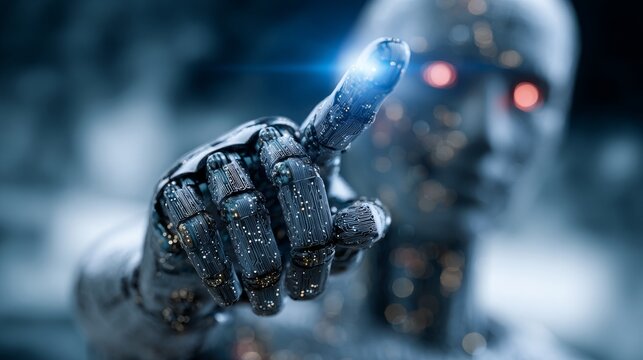 Futuristic humanoid ai robot pointing forward in cyber space, smart digital world metaverse concept with advanced technology, artificial intelligence, data networks and virtual innovation environment