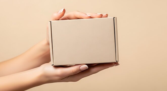 Female hands holding a blank cardboard box mockup on a beige background