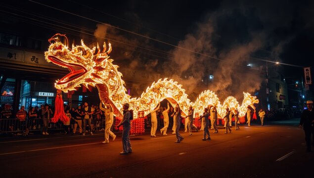 Traditional illuminated dragon dance performance at night in a city setting isolated on white background
