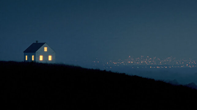 Lone plain wooden house stands on dark hill during peaceful night showing warm glowing light with distant city skyline background