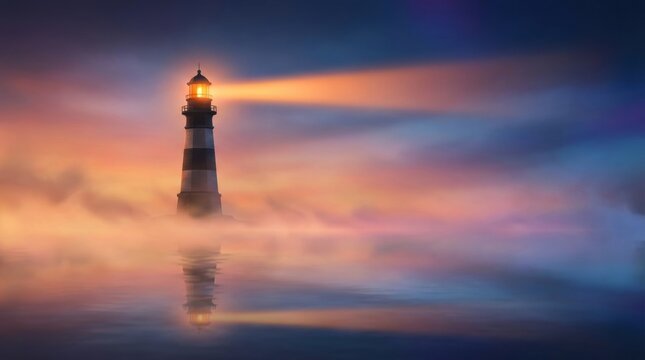 Lighthouse beam cuts through foggy dusk with warm light reflecting on calm water surface