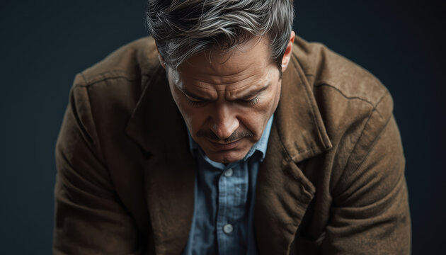 Brooding middle aged man with slouched posture and heavy shoulders, studio portrait conveying